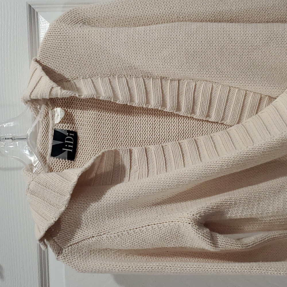 Lidi Cream cotton blend Chunky Knit Sweater Deep V Plunging Blouse top L - Picture 2 of 4